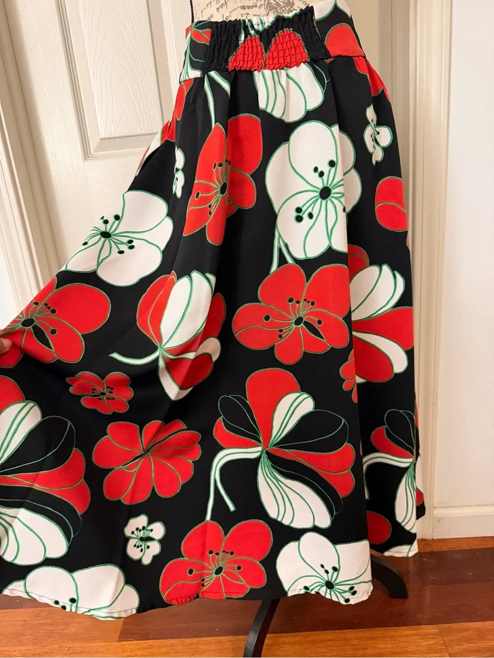 Anthropologie Black Midi Skirt with Red and White Floral Print